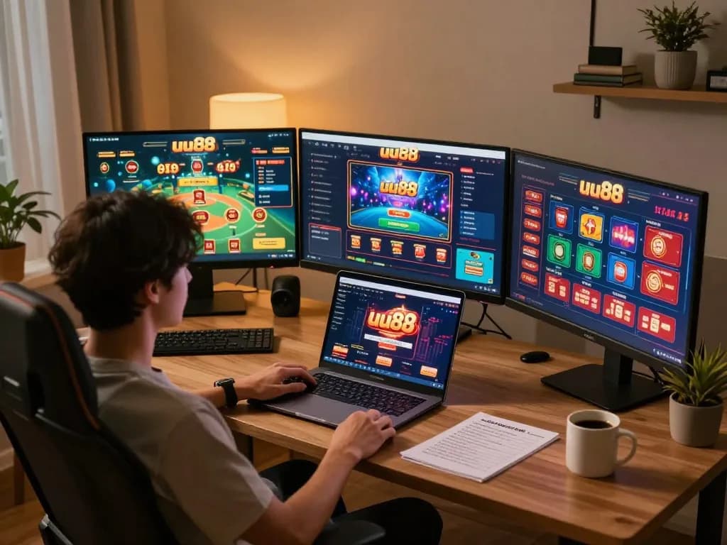Engaging with uu88 online casino on a stylish laptop, showcasing vibrant gaming interface.