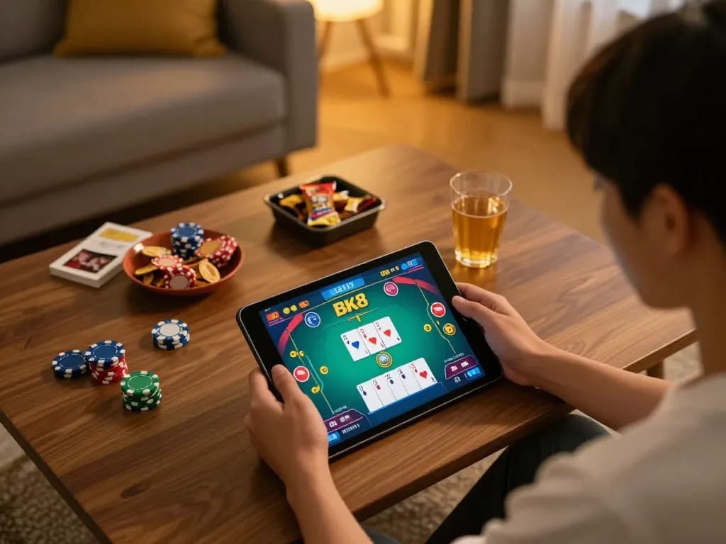 Immerse in BK8 poker gaming with tablet setup in warm and cozy home atmosphere.