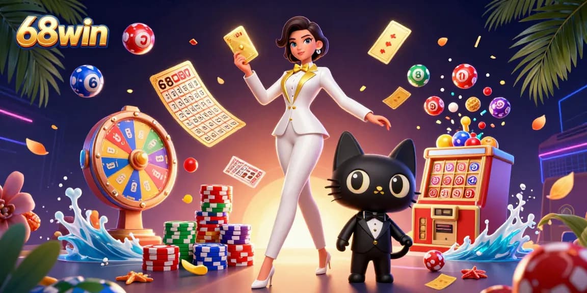 Join the excitement of 68win with a glamorous dealer, lottery balls, and vibrant casino elements.