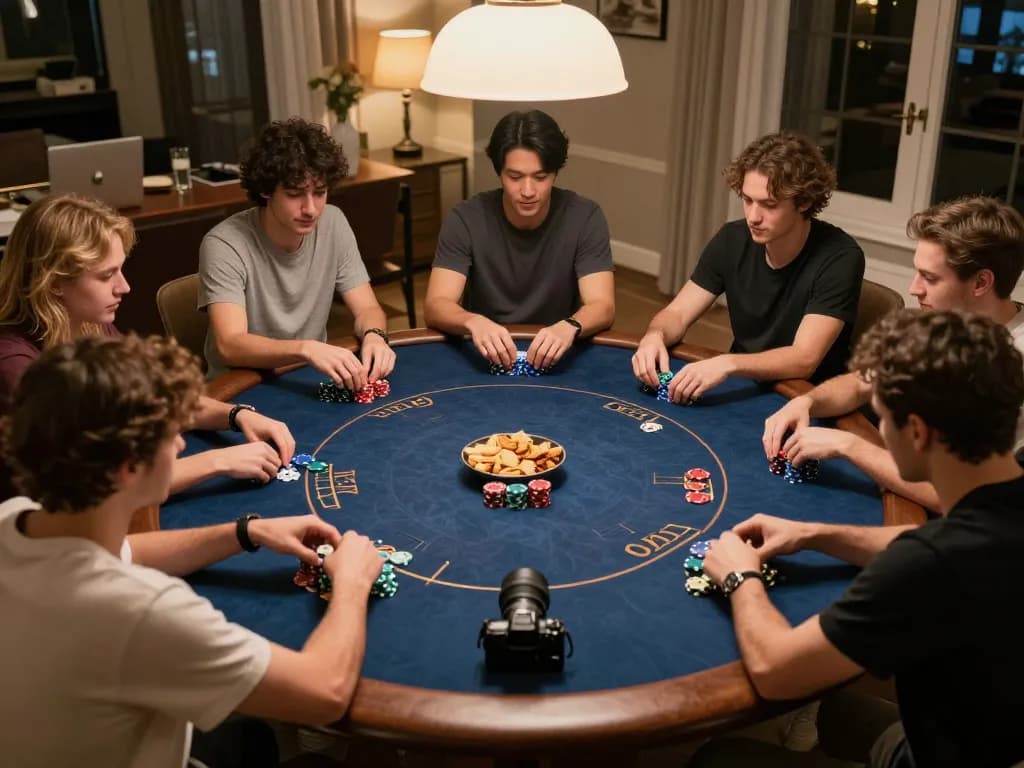 Cucu777 players enjoying a home poker night, displaying chips and strategic hands during competitive gameplay