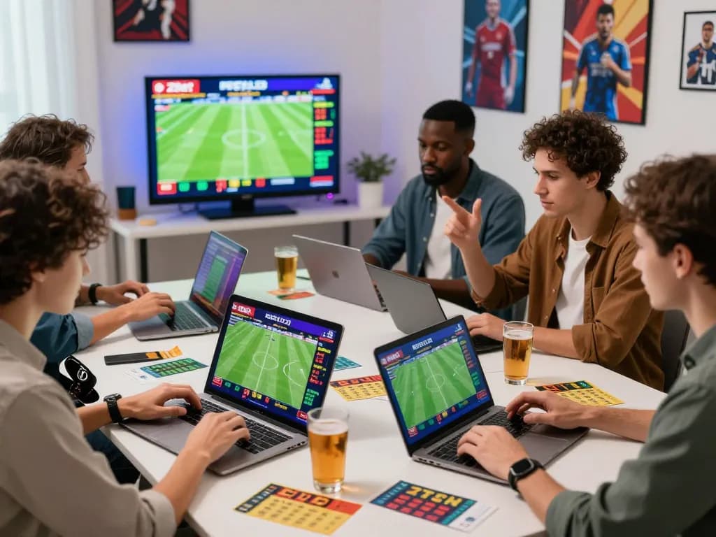 Engaged group strategizing on zbet sports betting in a vibrant home office.