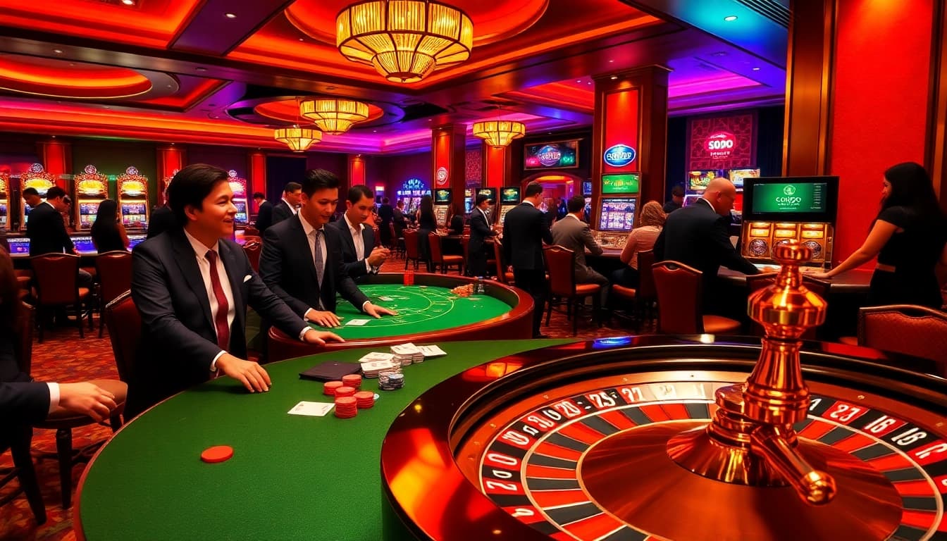 SODO Casino features a vibrant poker table with players enjoying the game amidst a luxurious casino setting.