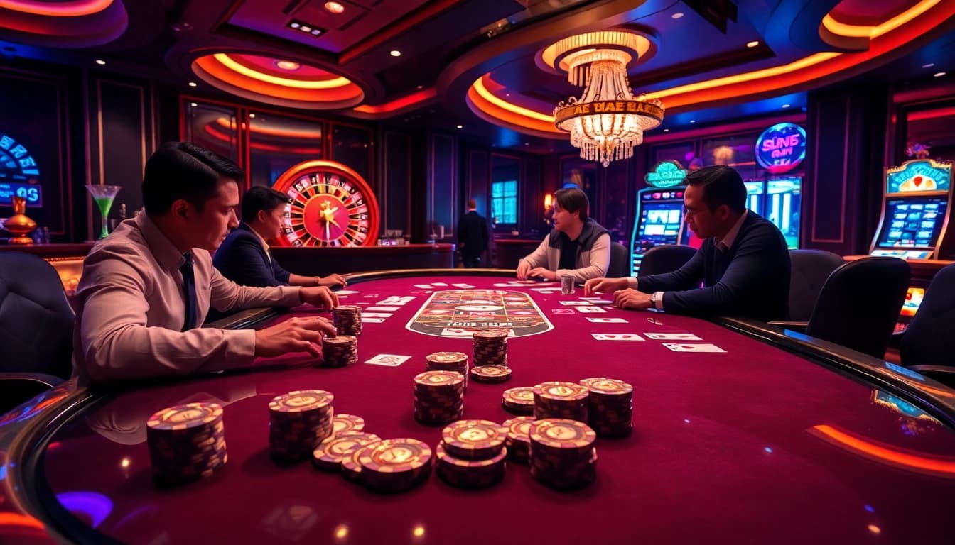 Exciting gameplay at a high-stakes poker table in bk8thai casino atmosphere.