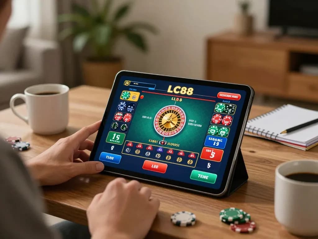 Experience live gameplay at LC88 with a user enjoying online roulette in a cozy home environment.