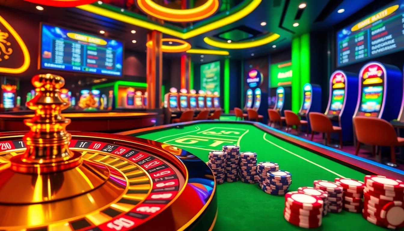 Engage in the thrilling world of ee88 bet at an upscale online casino with vibrant gaming visuals.