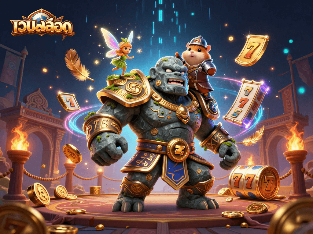 Engage in thrilling เว็บสล็อต adventures with animated golem and fairy in a magical casino arena