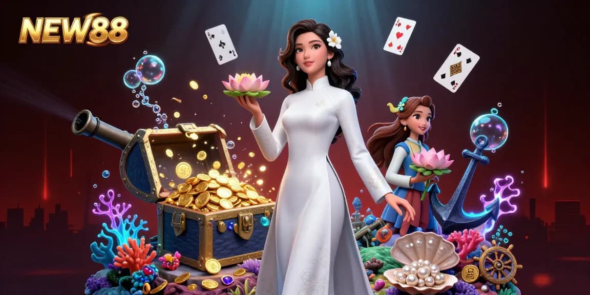 Experience the excitement of NEW88 with vibrant gaming elements and elegant visuals in this compelling casino illustration.