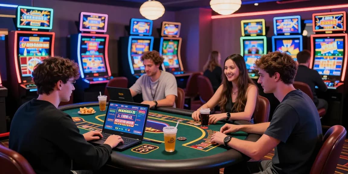 Players enjoying a lively gaming experience at credit card casinos at scoarch.org.uk with neon lights and modern decor.