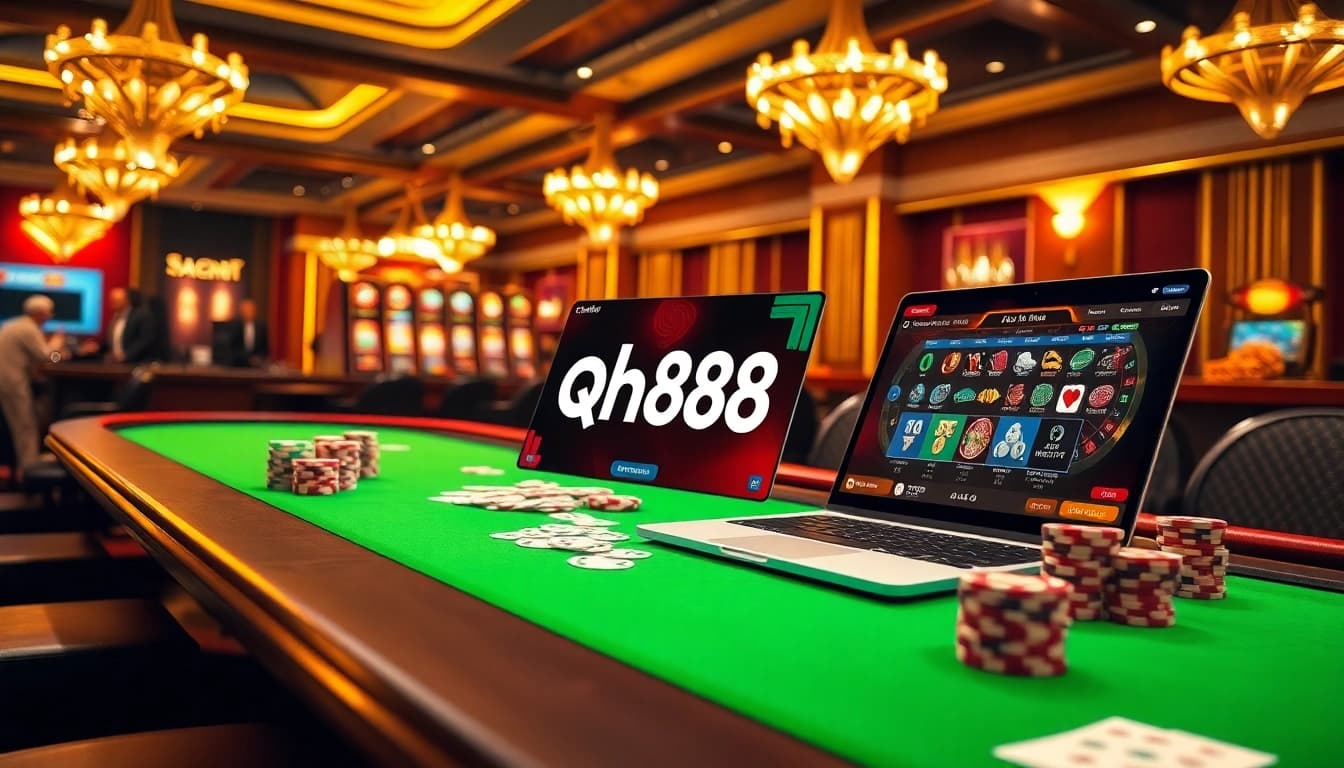 Engaging gambler playing on qh88 platform with vibrant casino elements