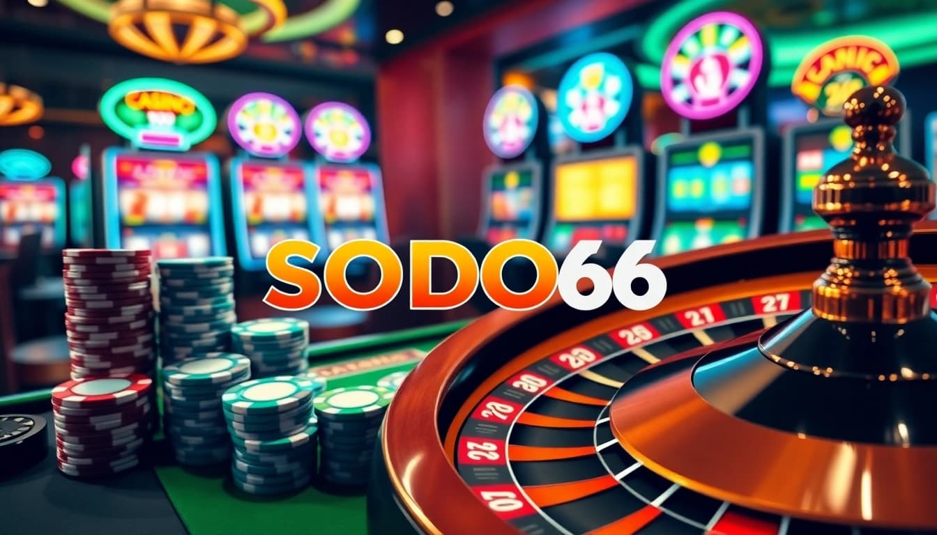 Experience the excitement of SODO66 with vibrant casino elements including poker chips and roulette wheels.