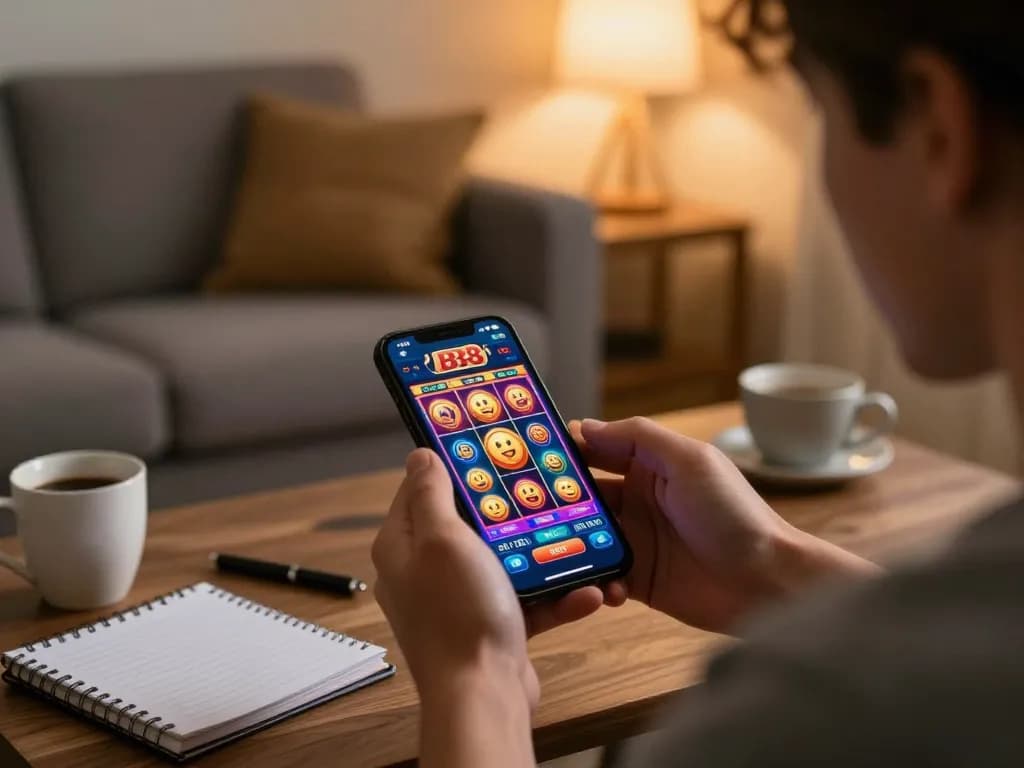 Playing exciting slot88 games on a smartphone in a cozy home setting, highlighting engagement and enjoyment.