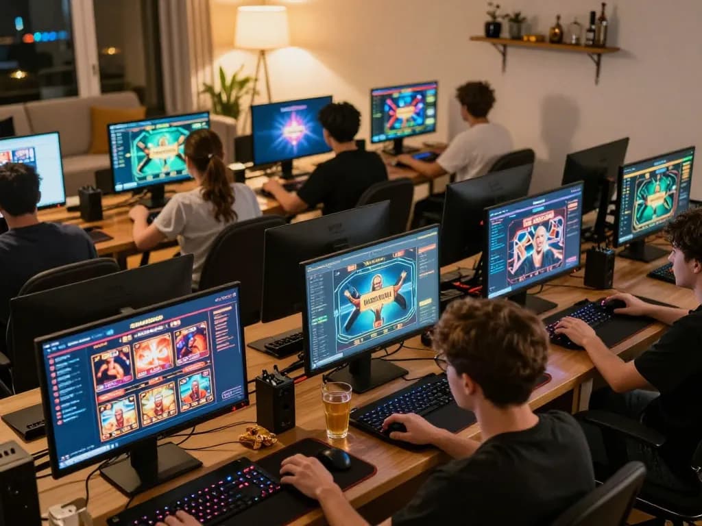 Players engaging with various non gamstop casinos on their laptops in a cozy living room, showcasing dynamic online gaming.