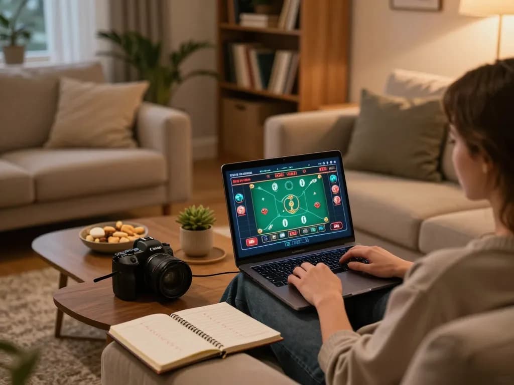 Person engaging with W88 live dealer game on laptop in a cozy home setting
