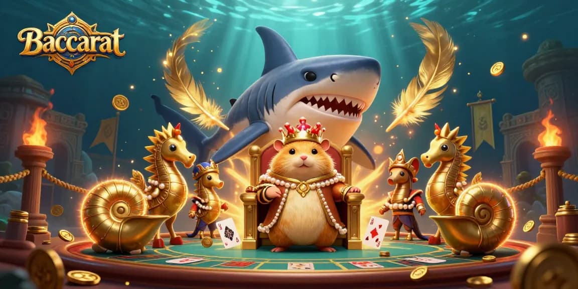Baccarat scene featuring a golden hamster king on a megalodon throne amidst playing cards and coins