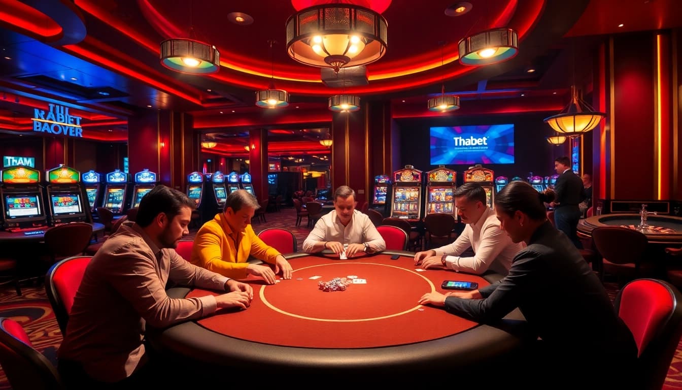 Experience thrilling poker games at Thabet casino with vibrant tables and engaged players.