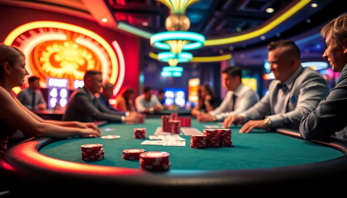 5777 bet app-এ উত্তেজনাপূর্ণ ক্যাসিনো পরিবেশের দৃশ্য, যেখানে খেলোয়াড়রা খেলায় সিরিয়াসভাবে মগ্ন।