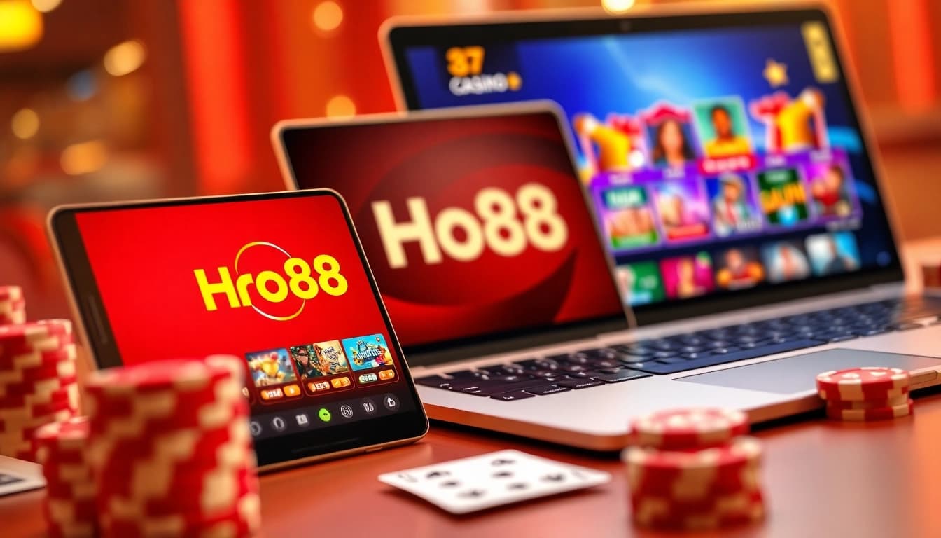 Experience the excitement of Ho88 with a vibrant online gambling setup featuring digital games, chips, and devices.