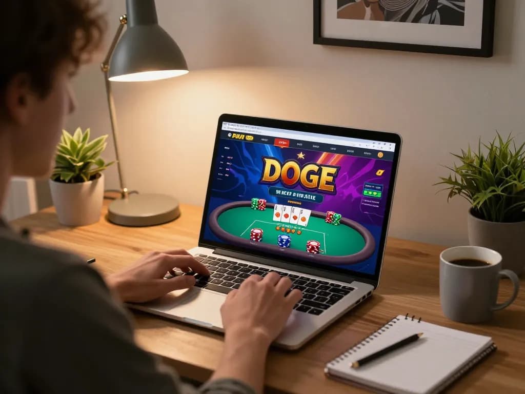 Engaging in DOGE gambling with a focused player using a laptop in a stylish home setting.