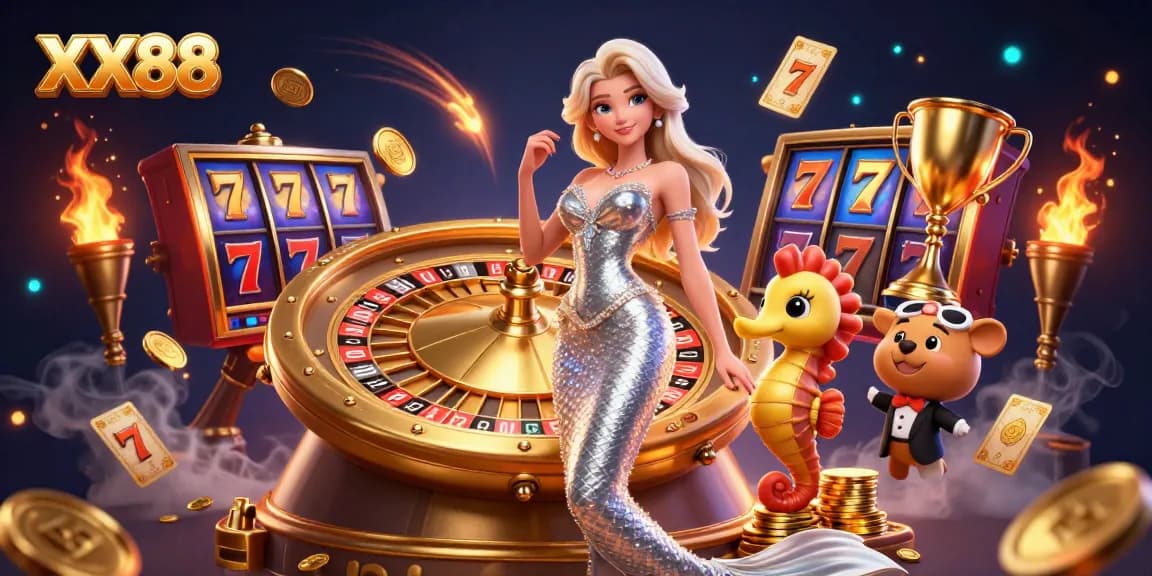 Experience the thrilling world of XX88 with a dazzling roulette wheel and vibrant slot reels.