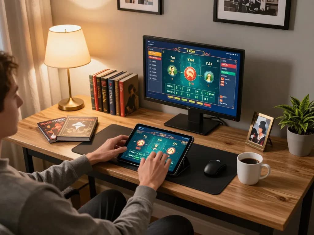 Playing Tài Xỉu on a tablet at a cozy home gaming setup, surrounded by betting strategy notes.