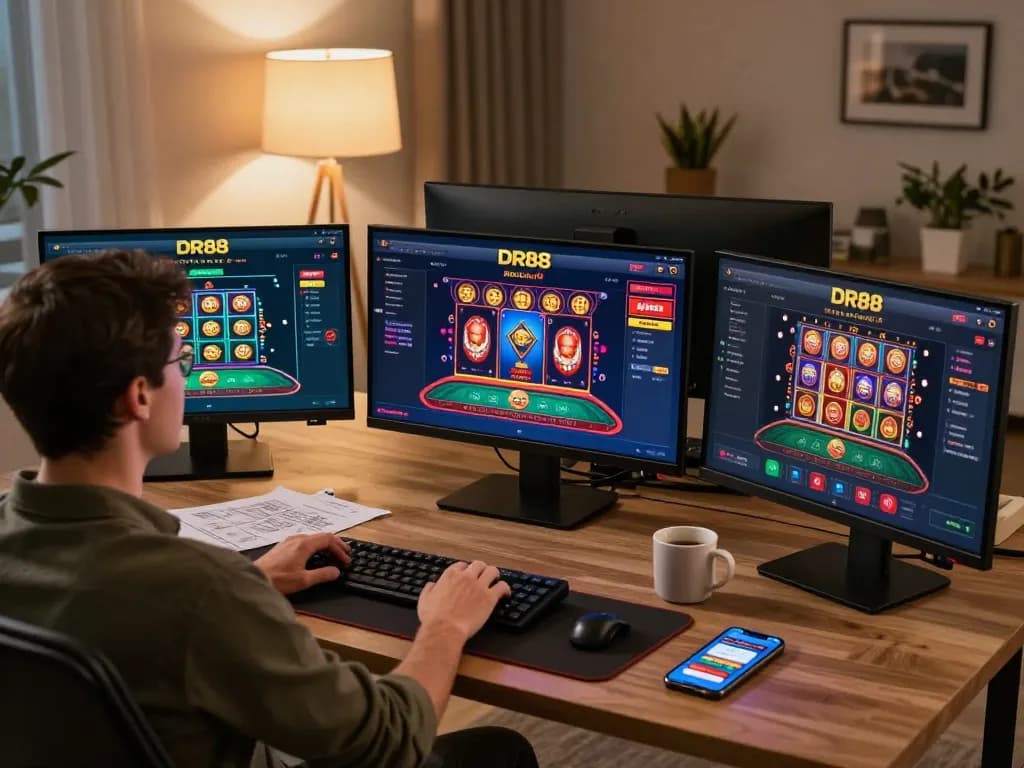 Engaging in a strategic online gaming session with DR88 on multiple screens while managing bets.