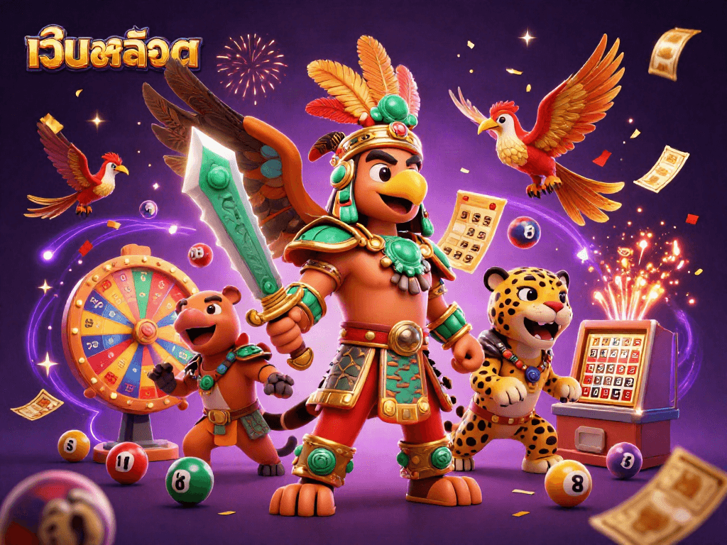 Engage in เว็บสล็อต with a vibrant 3D scene featuring Aztec warriors and dynamic lottery elements.