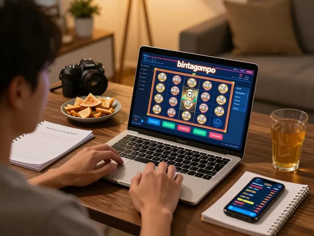 Pemain Bintangmpo merencanakan strategi untuk slot online di setup permainan rumah dengan laptop dan catatan.