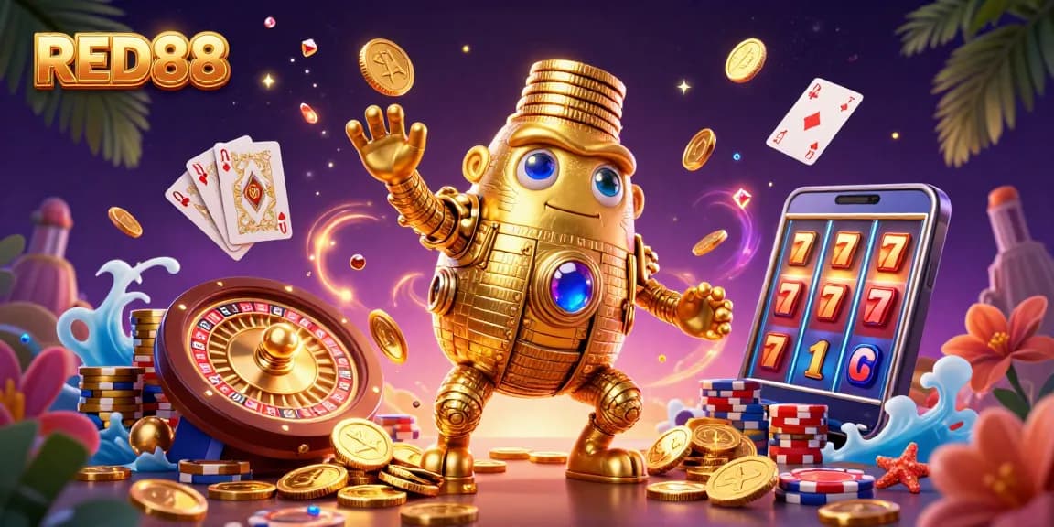 Engage with RED88 and experience a vibrant 3D casino scene filled with entertaining characters and game elements.