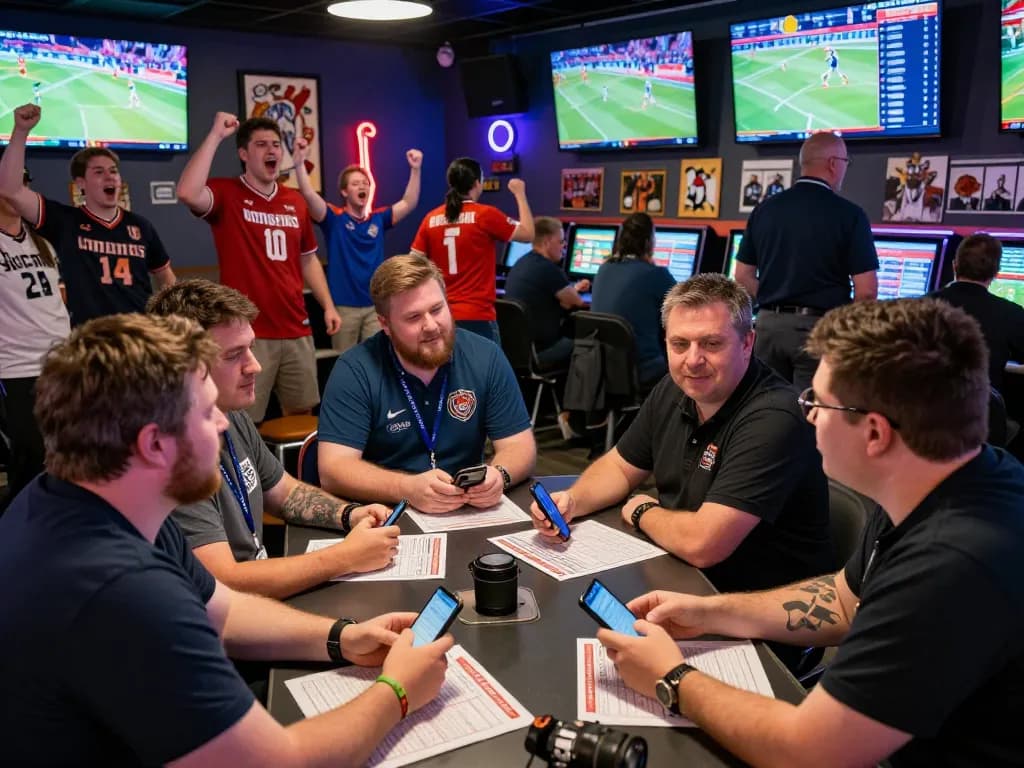 Penggemar taruhan yang bersemangat merencanakan taruhan mix parley di sportsbook yang ramai dengan layar dan memorabilia olahraga.