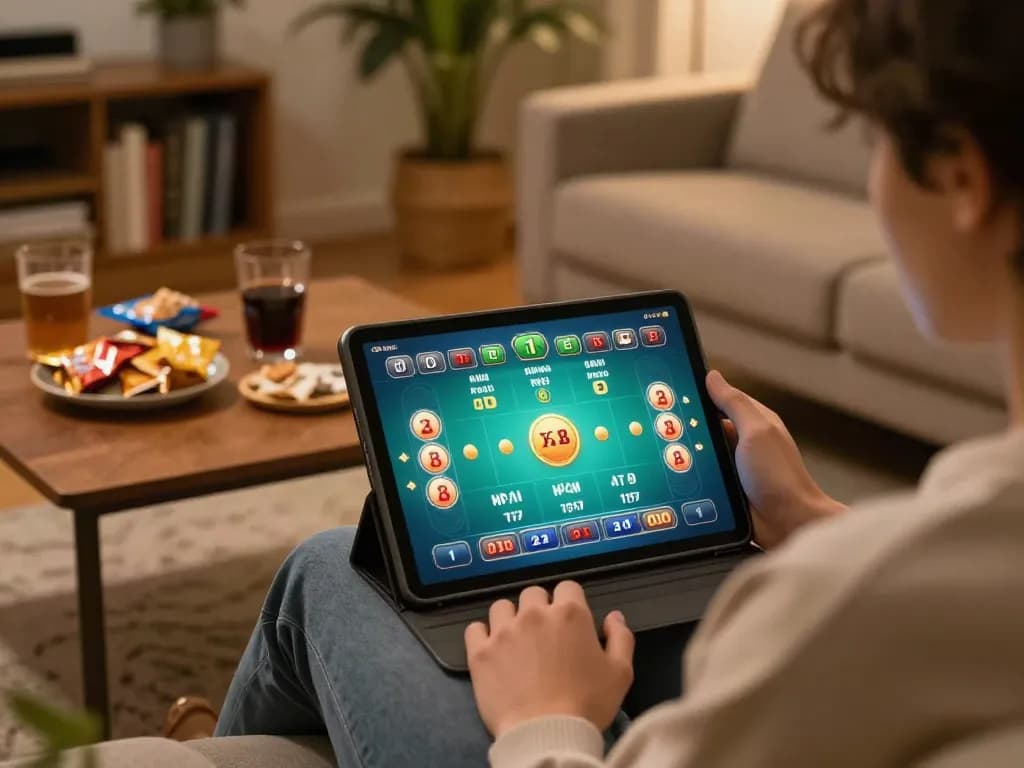 Tài xỉu online gameplay on a tablet, showcasing a cozy home gaming scene with vibrant betting interface