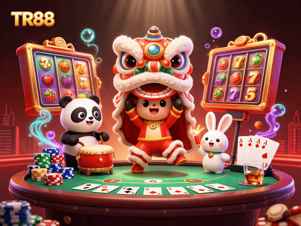 Experience thrilling games with TR88's vibrant lion dancers and engaging casino symbols.
