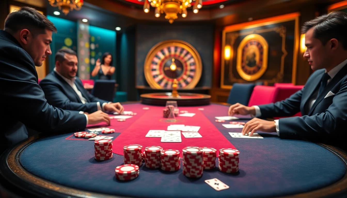 Players enjoying a thrilling game of poker at 98win's luxurious casino table.