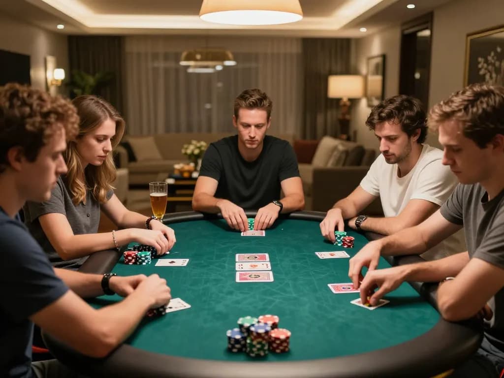 Players engaging in a competitive poker game at home while exploring kerajaanslot strategies for winning hands.