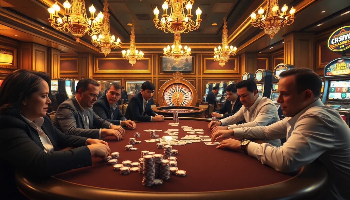Engaged players strategizing at a poker table in a luxurious casino - hidden wiki connections.