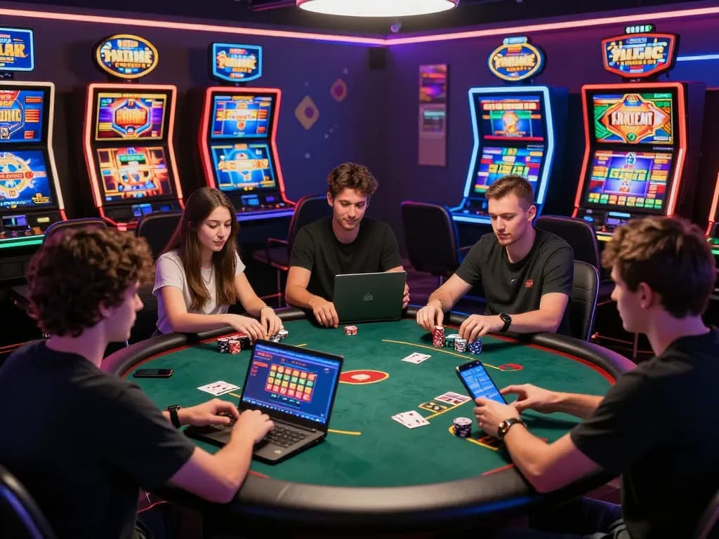 Exciting online gaming experience at 88aa com with players enjoying poker and vibrant slot machines.
