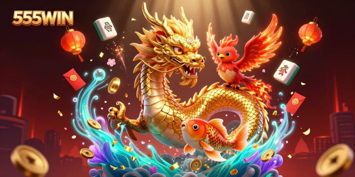 Experience the thrilling world of 555WIN with a golden dragon and lucky koi fish in action!