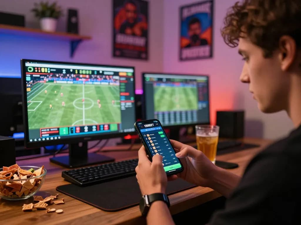 Pengguna SBOBET yang memasang taruhan olahraga langsung di smartphone di pengaturan bermain yang nyaman, menunjukkan keterlibatan dan strategi