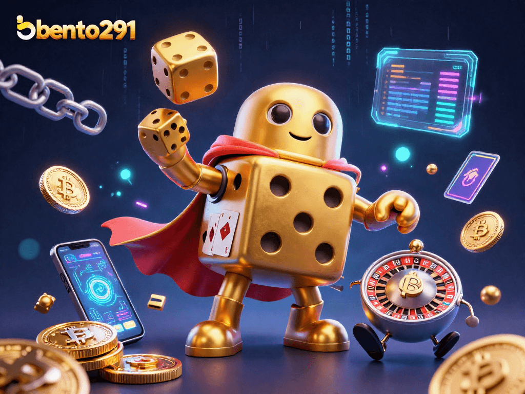 Bento291 showcases a massive golden dice golem juggling dice, highlighting a vibrant gambling scene with crypto elements.