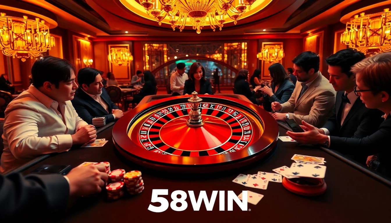 Experience the luxury of 58WIN with players strategizing at a glamorous casino table.