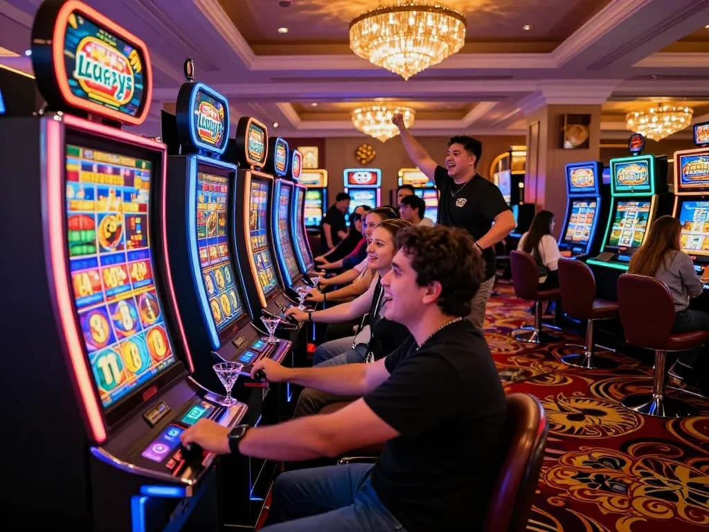 Lucky 88 slot machine excitement on casino floor, players engaging in thrilling gameplay.