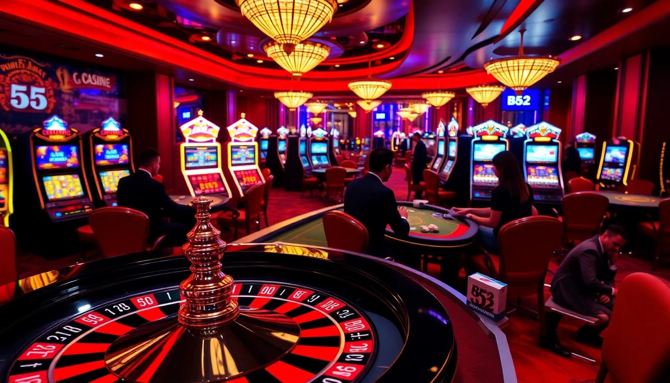 B52 casino players engaged in exciting table games with vibrant roulette and poker chips.