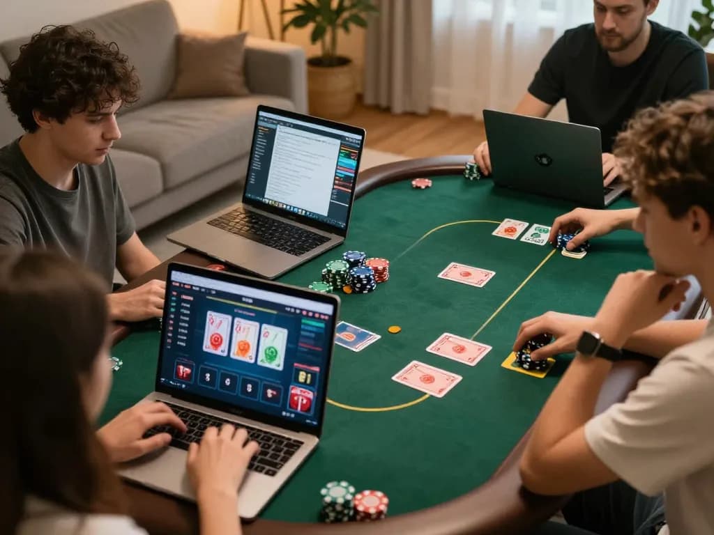 Win138 online poker players engaging in strategic gameplay at home, showcasing dynamic gaming environment