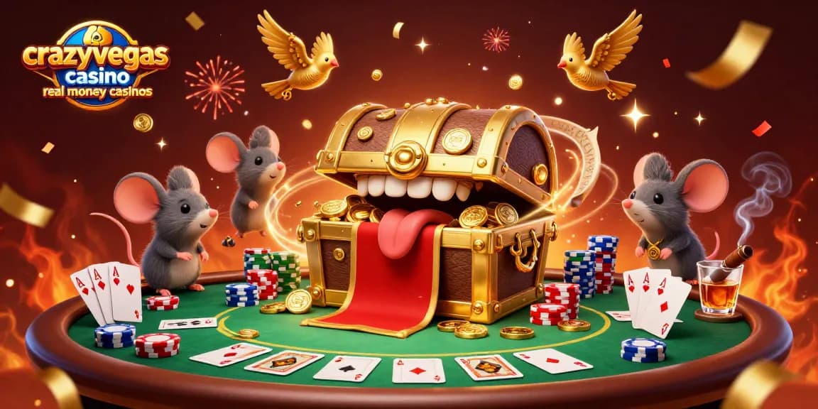 Engaging scene of crazyvegas casino real money casinos showcasing mouse adventurers drawn to a treasure chest amidst vibrant poker elements.