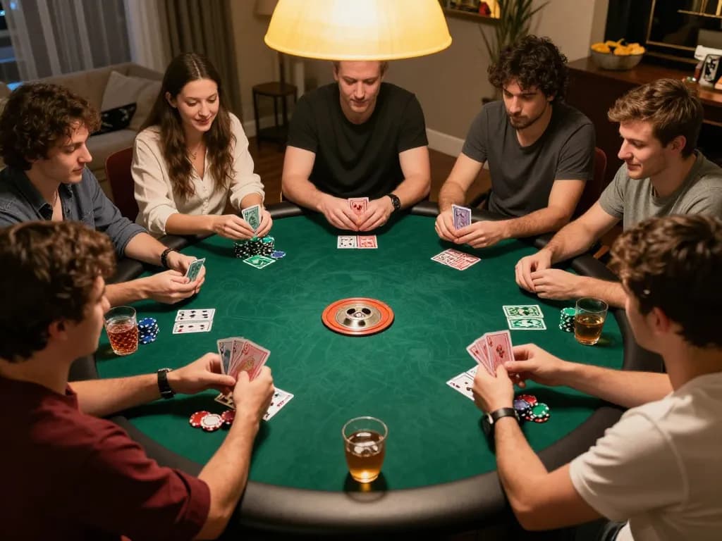 Engaged friends enjoying a Gsc108 poker night around a green felt table with cards and chips visible.
