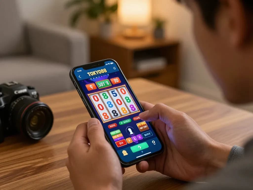 Pengguna TOKYO88 yang terlibat dengan slot mobile, menunjukkan kegembiraan bermain dan permainan yang bertanggung jawab.