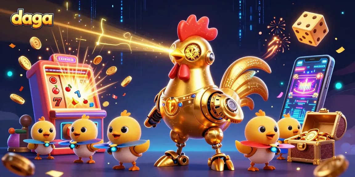 Engage in thrilling gameplay at daga with a visually stunning golden rooster robot and slot machine exploding with cash.