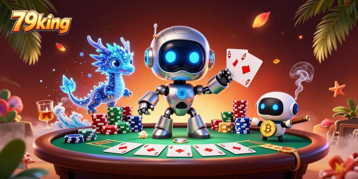 Engage with 79king's vibrant casino scene featuring neon characters and poker elements.