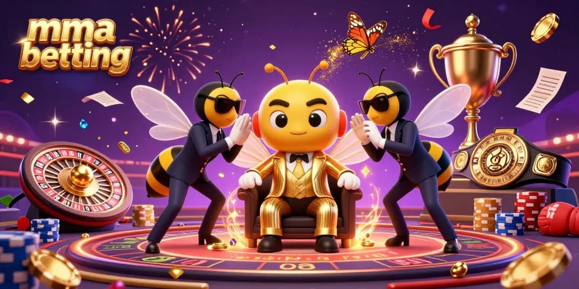 MMA betting illustration with a mob boss bumblebee in a sports arena surrounded by vibrant gambling elements.
