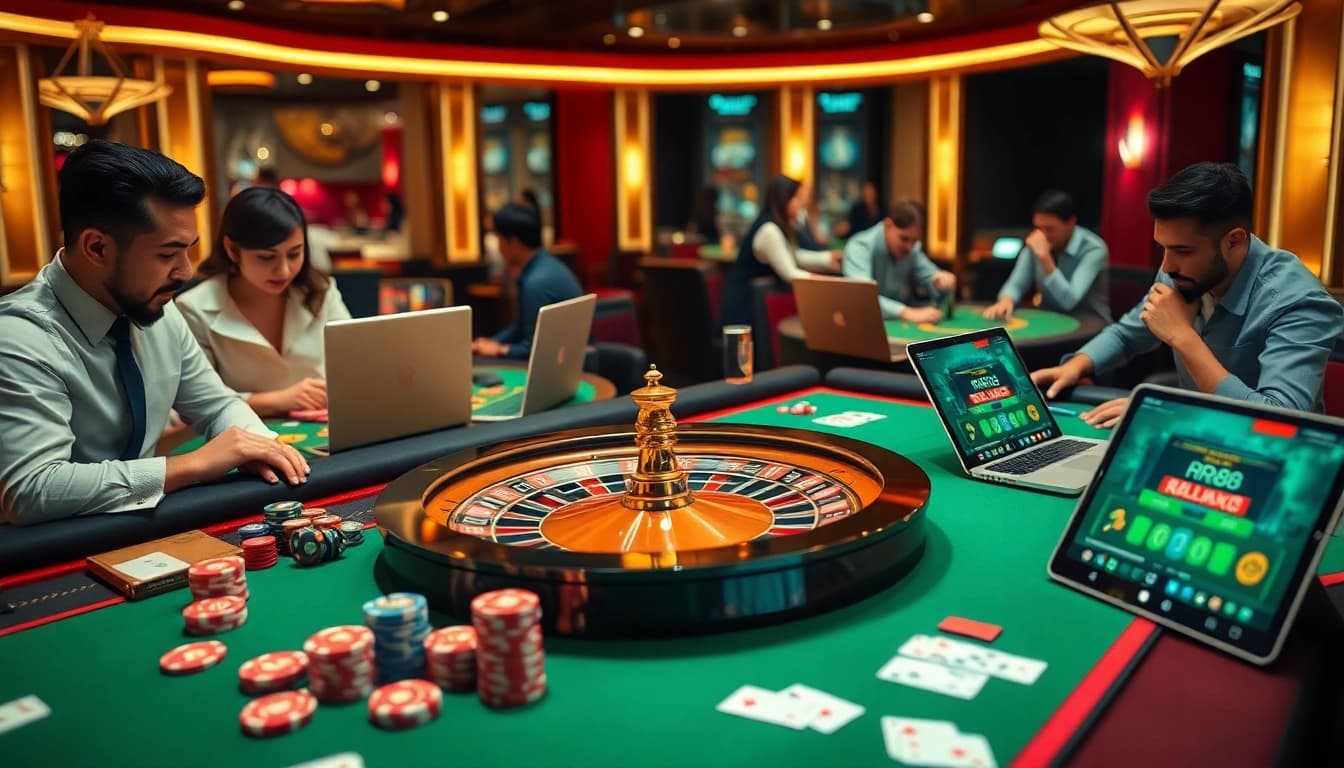 Engaged gamblers enjoying a luxurious experience at RR88 online casino with vibrant games.