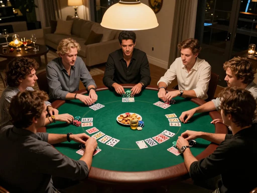 Pemain menikmati permainan poker yang meriah di rumah di HALOCUAN98, dengan kartu dan chip tersebar di atas meja.